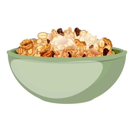 Green bowl is overflowing with a delicious and healthy serving of granola and dried fruits, perfect for a nutritious breakfastのイラスト素材