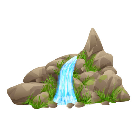 This vector illustration features a small waterfall cascading over rocks covered in green grass, perfect for nature and environment themed projectsのイラスト素材
