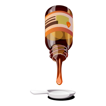 Brown medical bottle pouring syrup medicine into a spoon, isolated on whiteのイラスト素材