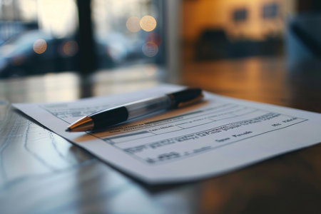Black pen lying on top of a printed document on a table with a shallow depth of fieldの素材