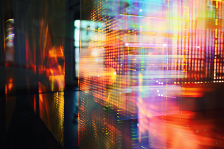 Abstract image of data flowing and reflecting across server racks in a data centerの素材