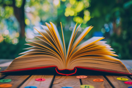 Open book with yellowed pages is laying on a wooden table with colorful letter magnets scattered aroundの素材