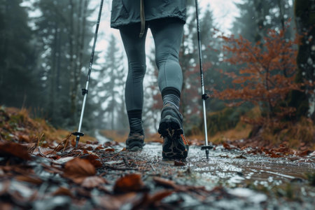Hiker is using hiking poles while walking through mud on a trail in the forestの素材