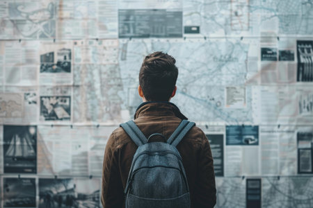 Student wearing a backpack is reading university campus maps and bulletin board announcements deciding on a career pathの素材