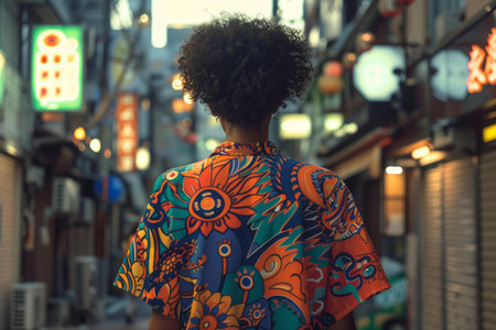 Young tourist admiring the beauty of a vibrant asian street at duskの素材