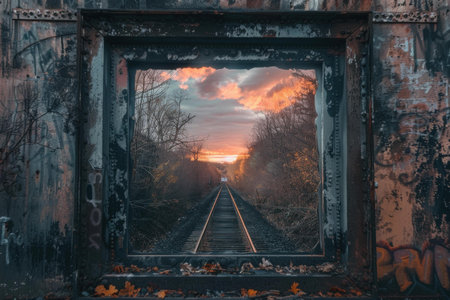 Railroad tracks leading to a beautiful sunset are being framed by an old rusty metal structureの素材