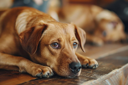 Brown pet dog resting indoors on a cozy wooden floor, displaying pensive and tranquil behaviorの素材