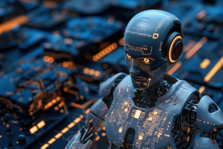 Futuristic robot standing in front of a motherboard, artificial intelligence conceptの素材