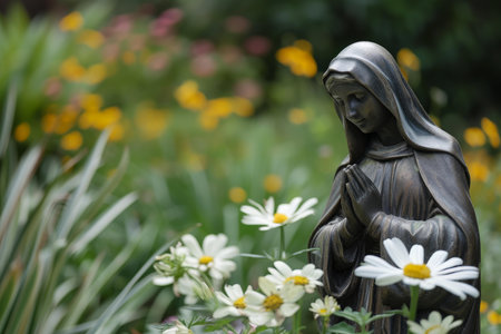 Peaceful statue of a woman in prayer among blooming daisies in a lush gardenの素材