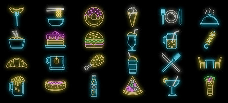 Set of colorful neon light glowing on black background food and drink iconのイラスト素材