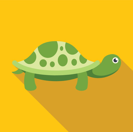 Minimalist vector illustration of a green turtle walking from left to right on a yellow background with a long shadowのイラスト素材