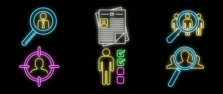 Neon icons showing different steps of recruitment process with magnifying glass, candidates and cvのイラスト素材