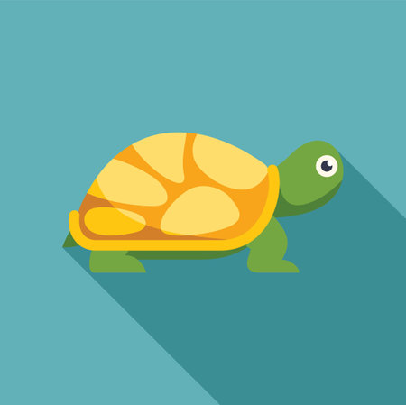 Minimalist vector illustration of a cute green turtle with a yellow shell walking to the right, in flat design style with long shadowのイラスト素材