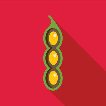 Minimalist flat vector illustration of a green pea pod containing three peas, isolated on a vibrant red background with a long shadowのイラスト素材