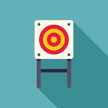 Archery target standing on a wooden tripod casting a long shadow over a blue backgroundのイラスト素材