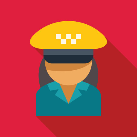 Female taxi driver wearing a yellow checkered cap smiling at a passenger in the back seatのイラスト素材