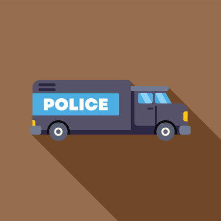 Dark blue police truck parked casting a long shadow over a brown backgroundのイラスト素材