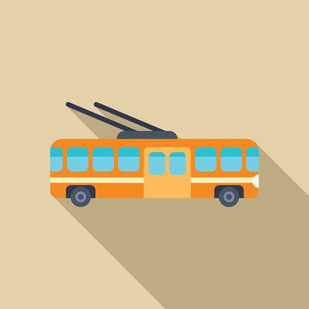 Orange trolleybus driving down the street, side view with long shadowのイラスト素材