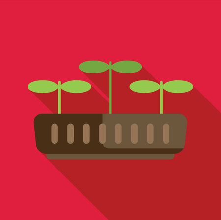 Minimalist flat design icon of three young plants growing from pot with long shadow on red backgroundのイラスト素材