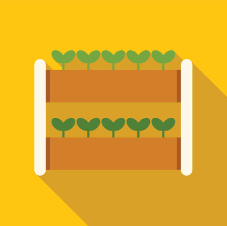 Two level indoor vertical farm system growing young plants with long shadow on yellow backgroundのイラスト素材