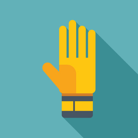 Yellow and blue goalkeeper glove protecting hand during soccer game icon in flat style on a turquoise backgroundのイラスト素材