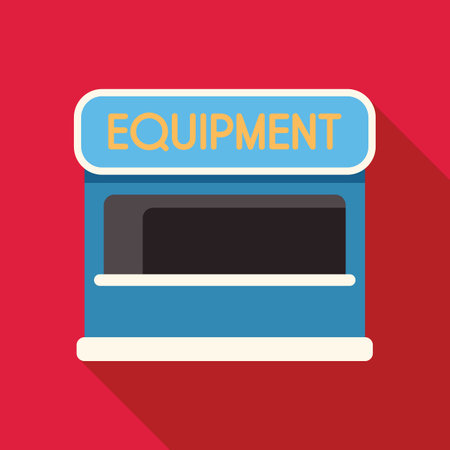 Equipment shop building facade icon representing a store selling tools and machinery with long shadow on red backgroundのイラスト素材