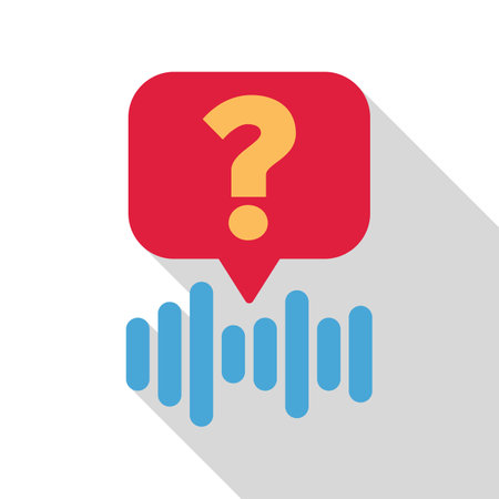 Question mark is appearing on a red speech bubble over a blue sound wave, representing a voice assistant answering a questionのイラスト素材