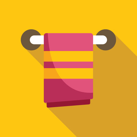 Clean striped towel hanging on a round hanger on a yellow background, perfect for hygiene and bathroom conceptsのイラスト素材