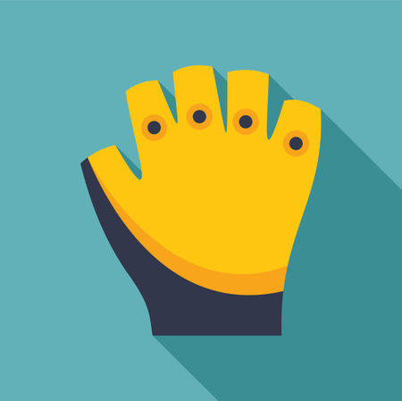 Yellow working glove protecting hand with open fingers, flat vector illustration on blue backgroundのイラスト素材