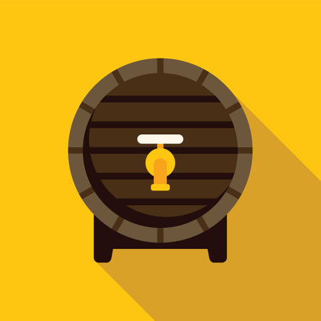 Wooden barrel standing on wooden stand with tap for beer or wine production on yellow background with long shadowのイラスト素材