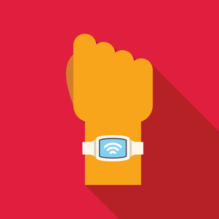 Hand wearing smart watch showing wifi symbol with long shadow on red backgroundのイラスト素材