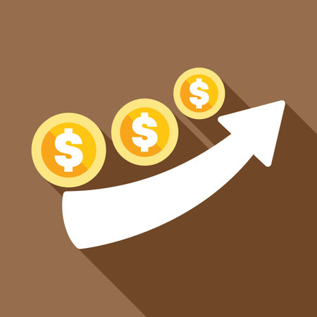 White arrow increasing over three growing dollar coins symbolizing economic growthのイラスト素材