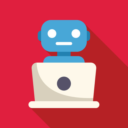 Blue robot working on a laptop computer, concept for artificial intelligence and new technologiesのイラスト素材