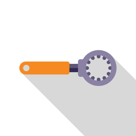 Kitchen utensil with orange handle and round metal strainer with holes, casting long shadowのイラスト素材