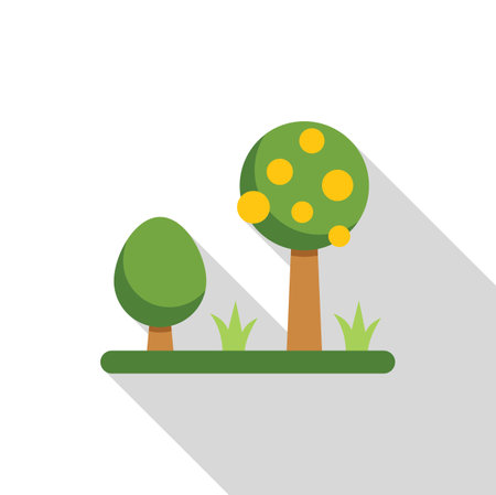 Simple vector illustration of a big fruit tree growing next to a small tree casting a long shadow, in flat design styleのイラスト素材
