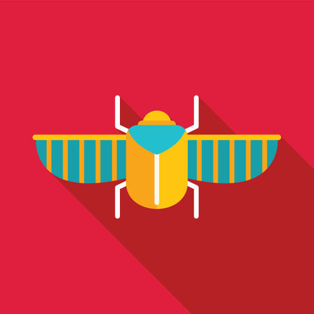 Minimalist vector illustration of a golden scarab beetle spreading its wings, designed in a flat style with long shadowsのイラスト素材