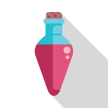 Pink magic potion in a glass bottle with a cork stopper, casting a long shadowのイラスト素材