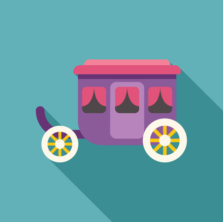 Purple carriage with yellow wheels standing on turquoise background, flat design styleのイラスト素材