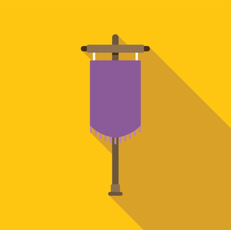 Purple rectangular banner with fringe hanging on a wooden crossbar casting a long shadow over a yellow backgroundのイラスト素材