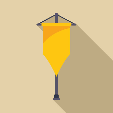 Minimalist vector illustration of a yellow pennant flag hanging on a wooden crossbar, isolated on a beige background with a long shadowのイラスト素材