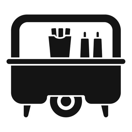 Black and white vector icon of a french fries cart with ketchup and mustard bottles, perfect for projects related to street food, amusement parks, and fast foodのイラスト素材