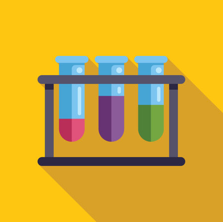 Colorful vector illustration in flat design of three test tubes with colored liquid in a support are standing on yellow backgroundのイラスト素材