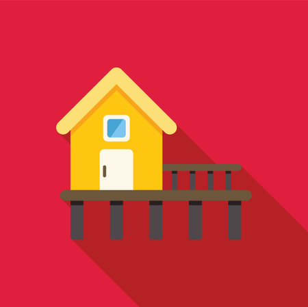 This flat design icon features a yellow beach hut standing on a wooden pier with a long shadowのイラスト素材