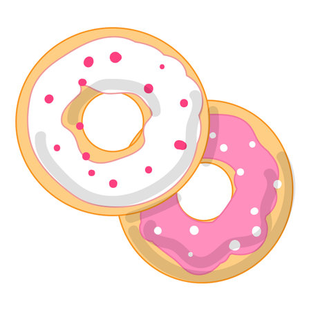 Two appetizing donuts with icing and sprinkles are lying on top of each other, a pink donut and a white donutのイラスト素材