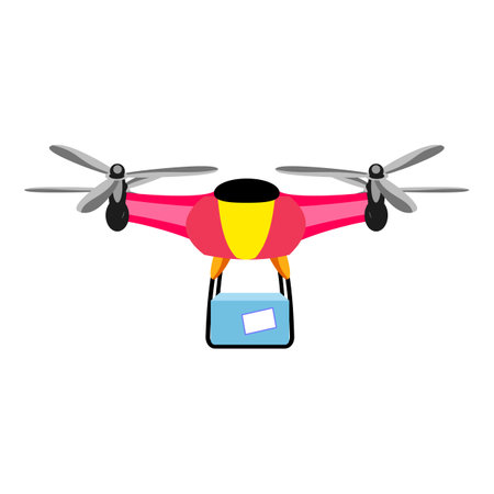 Modern red delivery drone flying with package, unmanned aerial vehicle, latest technologyのイラスト素材