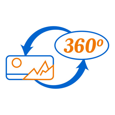 Blue arrows rotating 360 degrees around an image with mountains and sun, symbolizing a panoramic viewのイラスト素材