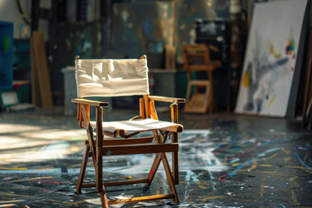 Wooden director chair sits on a paint splattered floor in the middle of an art studio, bathed in warm sunlightの素材