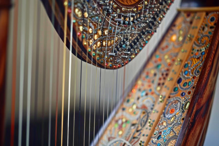Elegant harp with decorative carvings and colorful details awaits being played by a musicianの素材