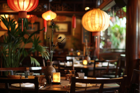 Elegant table setting is ready for customers in a traditional chinese restaurantの素材