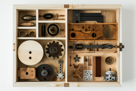 Wooden box is containing various pieces of metal and wood, neatly organized for a building or engineering projectの素材